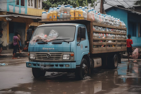 emergency relief truck filled with supplies of food and water, ready to bring aid to disaster-stricken areas ai generated illustrationの写真素材