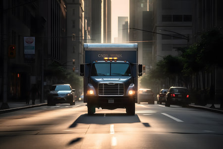 Delivery truck making its way through the bustling city streets with towering skyscrapers and busy pedestrians in the background ai generated illustrationの素材