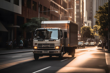 Transport truck making its way through the busy city streets, delivering essential goods and supplies to businesses and homes alike ai generated illustrationの素材