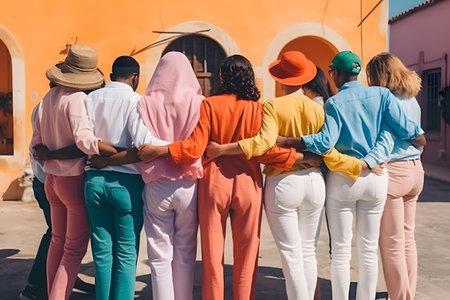 diverse race people in colorfull clotes hugging each other in sunny bright day ai generated artの素材