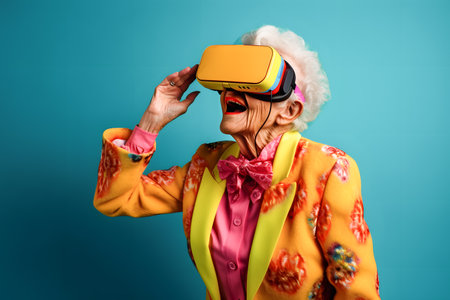 funny grandmother wearing a VR headset colourful clothes ai generated artの素材