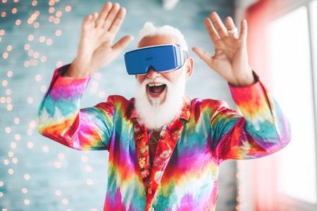 funny grandfather wtih colourful shirt wearing a VR headset acting surprised ai generated artの素材