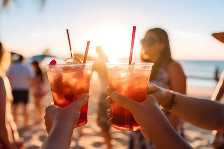 clinking glasses with cocktails while relaxing in beach, closeup ai generated artの素材
