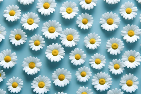 Daisy pattern. Flat lay spring and summer chamomile flowers on a blue background ai generated artの素材