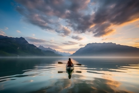 Young woman kayaking in crystal lake background alps mountains,amazing cloud sunset ai generated artの素材