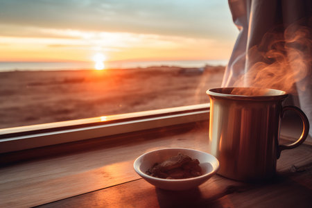 sunrise at beach with coffee inside van ai generated artの素材