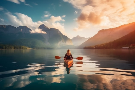 calming kayaking in crystal lake with alps mountains for background ,amazing cloud sunset ai generated artの素材