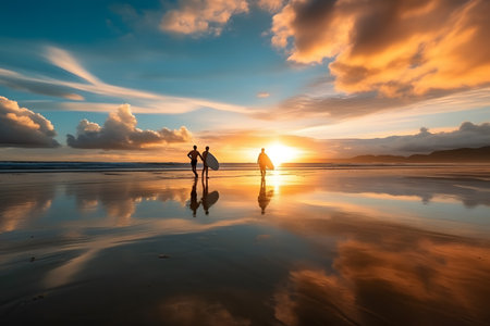 Surfers walking on the beach during sunset clouds reflection on water ai generated artの素材