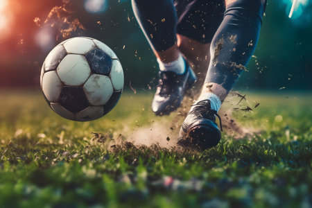 close up of soccer ball and player Kicking the ball ai generated artの素材
