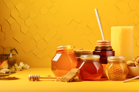 honey products with copy scape on yellow background ai generated artの素材