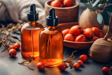 Rosehip Oil mock ups bottles care products with ai generated artの素材
