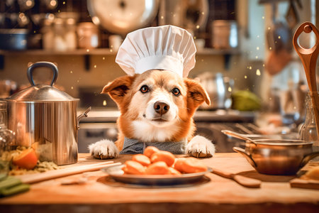dog in a chefs hat and apron cooking conception ai generated artの素材