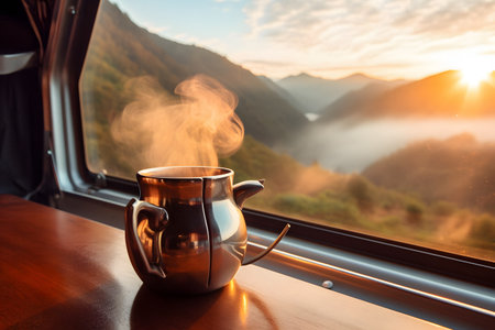 sunrise at hight mountains in the van coffee steam in the morning ai generated artの素材