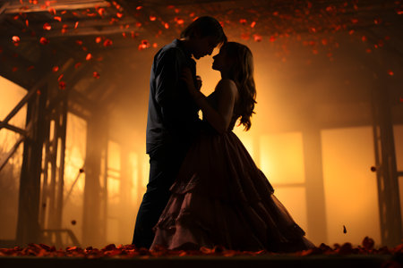 Silhouette of bride and groom on the background of the night cityの素材