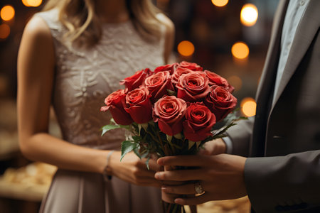 cropped view of man holding bouquet of red roses in hands of brideの素材