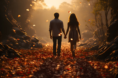 Couple in love walking in the autumn forest at sunset. Love concept.の素材