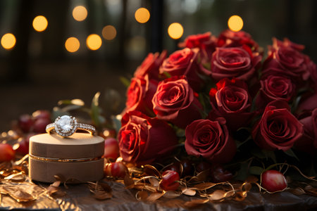Wedding rings and bouquet of red roses on wooden tableの素材