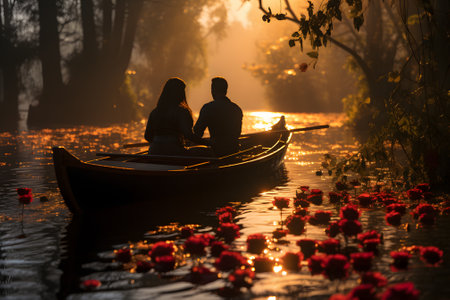 Silhouette of couple in a boat on the lake with red rose petals at sunrise.の素材