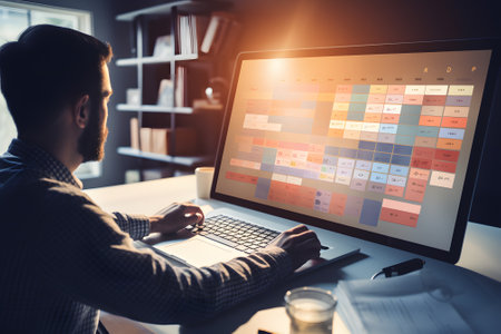 Businessman working on computer in office. Toned image with flareの素材