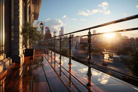 Empty balcony in Moscow, Russia. View of the Moscow skyline at sunset.の素材