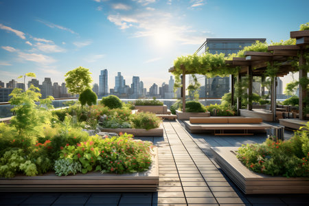 Outdoor terrace with view of the city. 3d renderingの素材