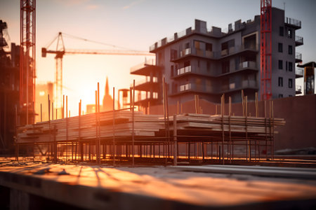 Construction site with cranes and building under construction at sunset, shallow DOFの素材