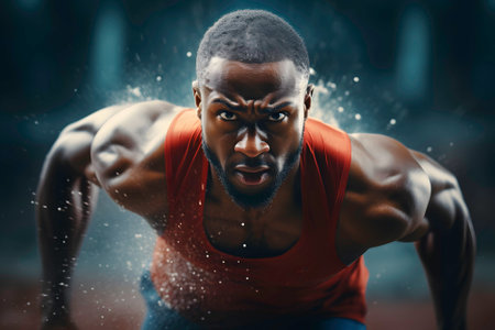 Portrait of a strong african american man in sportswear doing exercise at the gym.の素材