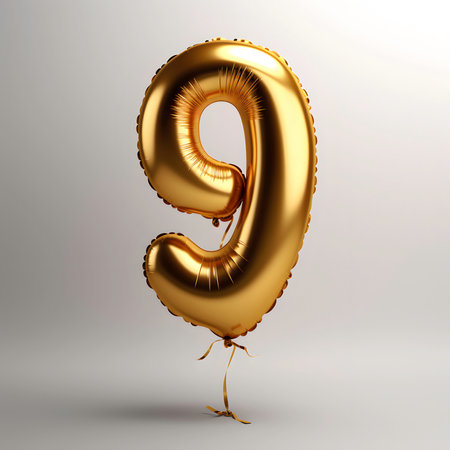 Golden number 9 balloon isolated on white background. 3D rendered illustration.の素材