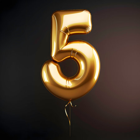 Golden number 5 balloon isolated on black background. 3d rendered illustrationの素材