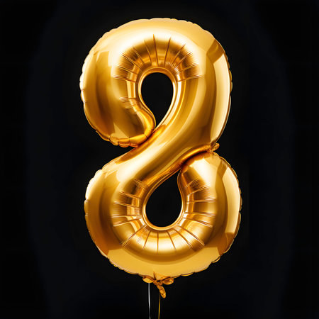 Number 8 made of golden inflatable balloon isolated on black background. 3d renderの素材