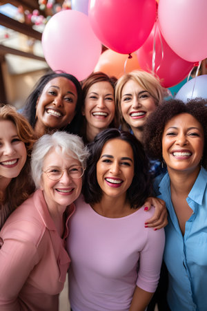 Group of diverse women with balloons looking at camera and smiling while standing togetherの素材