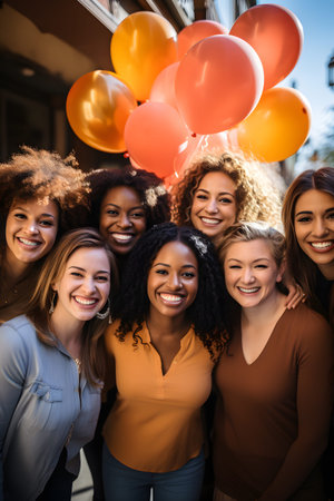 multiethnic group of happy young women with balloons at birthday partyの素材