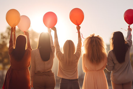 Back view of group of young women holding balloons and looking at sunsetの素材