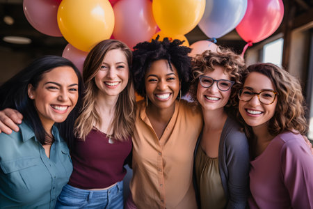 Portrait of smiling young women with balloons at birthday party in cafeの素材