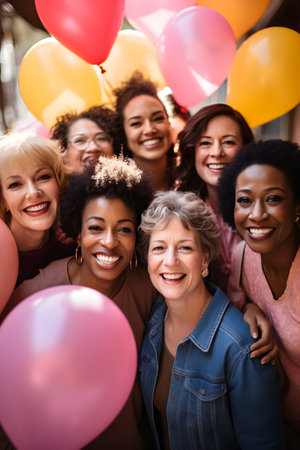 Multiethnic group of women with balloons smiling and looking at cameraの素材