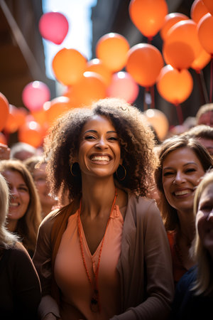 happy african american woman with balloons and friends at birthday partyの素材
