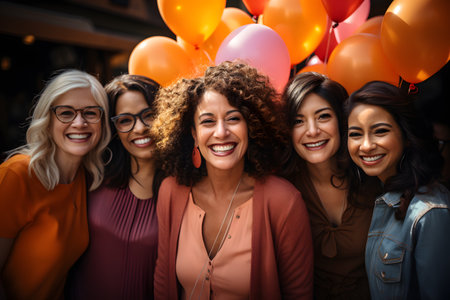 Portrait of group of smiling women with balloons in the city.の素材