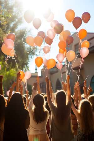Rear view of a group of young people holding balloons at a partyの素材