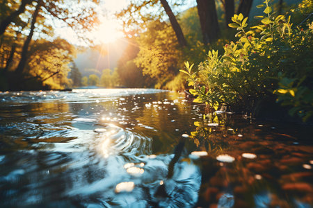 Beautiful summer landscape with river, trees and sunset. Nature backgroundの素材