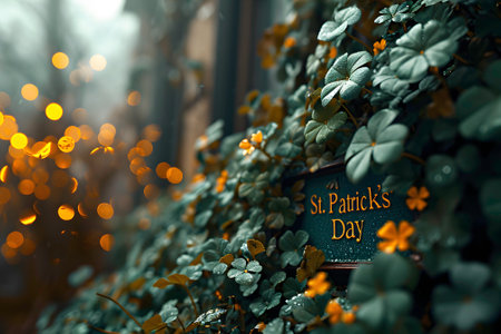 Happy St. Patrick's Day background with green leaves and golden bokehの素材
