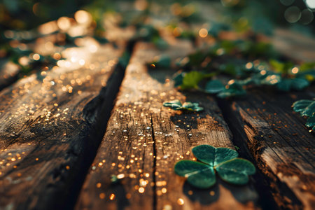 Green clover leaves on old wooden planks. St. Patrick's day backgroundの素材