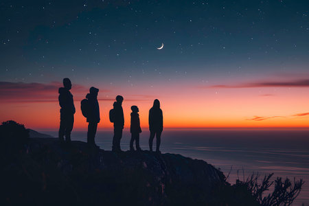 Silhouette of family standing on the edge of a cliff and watching the starry skyの素材