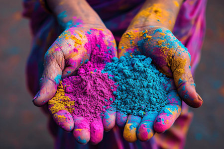 Colorful holi powder in hands of Indian woman, close upの素材