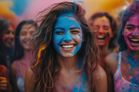 Group of friends having fun at the Holi color festival in Indiaの素材
