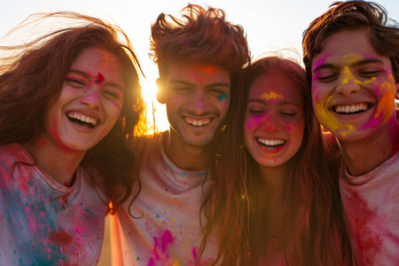Group of friends having fun at holi festival, smiling and having funの素材