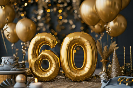 Number 60 gold foil balloon on a dark background. Birthday celebration concept.の素材