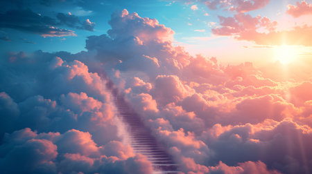 Beautiful view above clouds at sunset. 3d rendering illustration.の素材