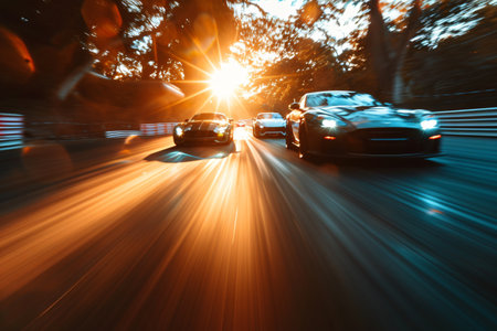 Car driving on the road with motion blur effect, abstract background.の素材