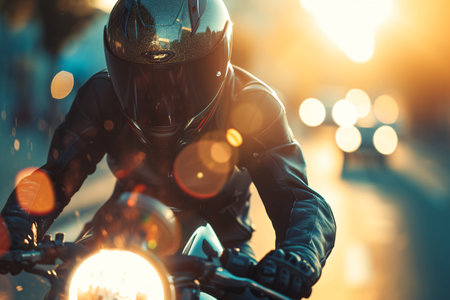 Biker in helmet and sportswear riding a motorcycle on the road.の素材