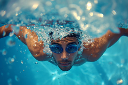 Portrait of a young man swimming under water in the pool.の素材
